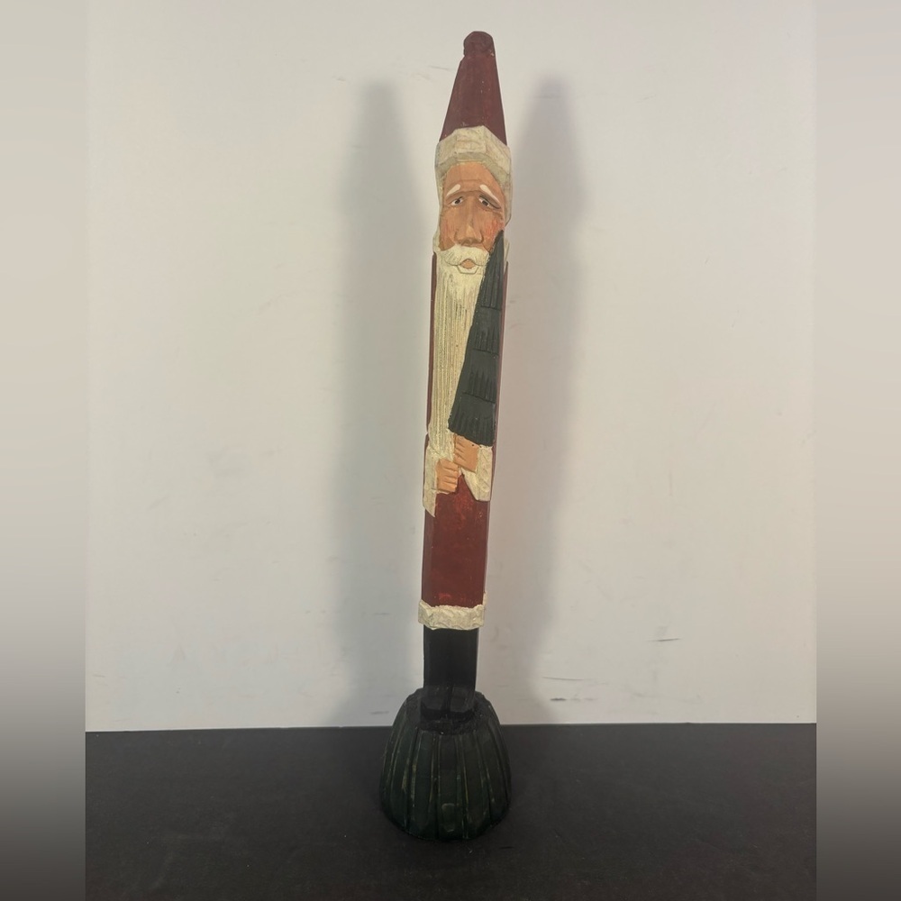 Hand carved wooden Santa with tree rustic folk art Christmas 11.5 inch